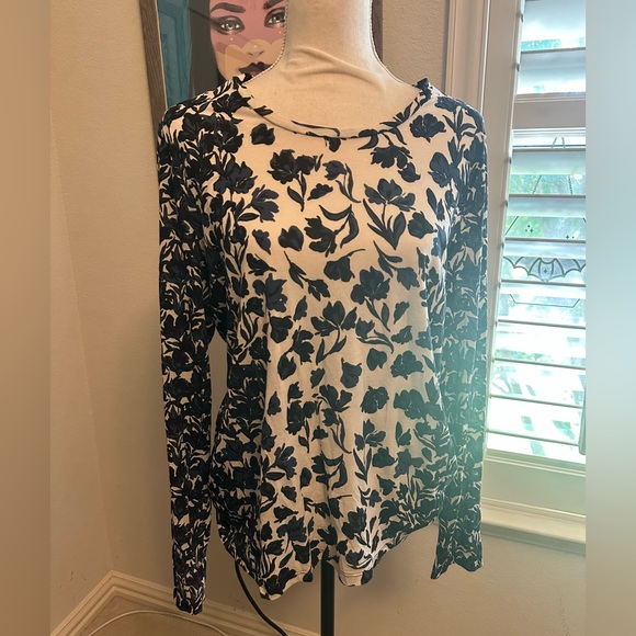 Tory Burch Pima Cotton Long Sleeve Blue Floral Crewneck Top XL - Picture 3 of 8